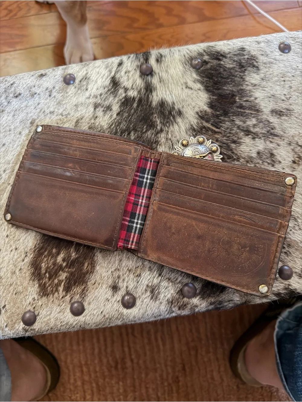 Fossil Brown Leather Bifold Wallet with Plaid Interior